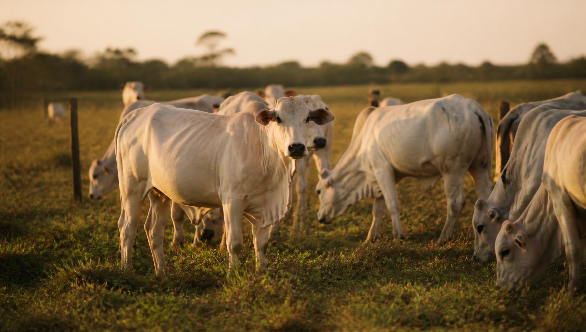 Rebanho bovino em pastagem ao amanhecer